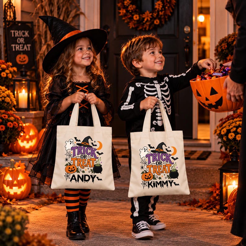 Personalized Halloween Trick or Treat Kids Candy Tote Bag, Customized ...