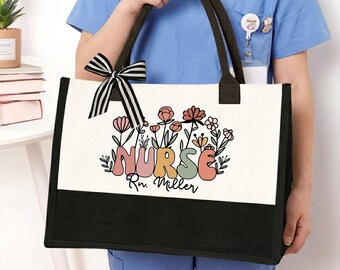 Personalized Floral Nurse Tote Bag, Custom Cotton Canvas Gift for Nurse, Personable RN Bag, Birthday Nurse Gift, Registered Nurse Bag