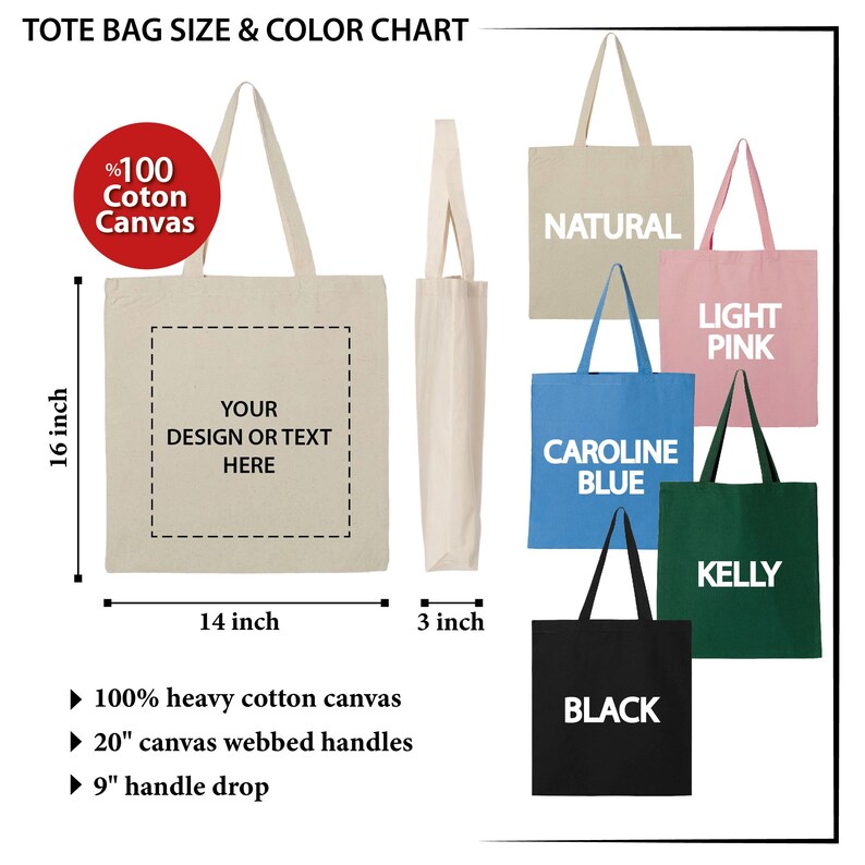 K&ouml;nnte beinhalten: Eine Gr&ouml;&szlig;entabelle und Farbkarte f&uuml;r Tragetaschen zeigt verschiedene Canvas-Tragetaschen. Die Haupttasche ist 40,6 cm hoch, 35,6 cm breit und 7,6 cm tief, mit Platz f&uuml;r individuelle Designs. Farben sind Natur, Hellrosa, Carolineblau, Kellygr&uuml;n und Schwarz.