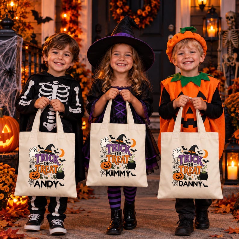 Personalized Halloween Trick or Treat Kids Candy Tote Bag, Customized ...