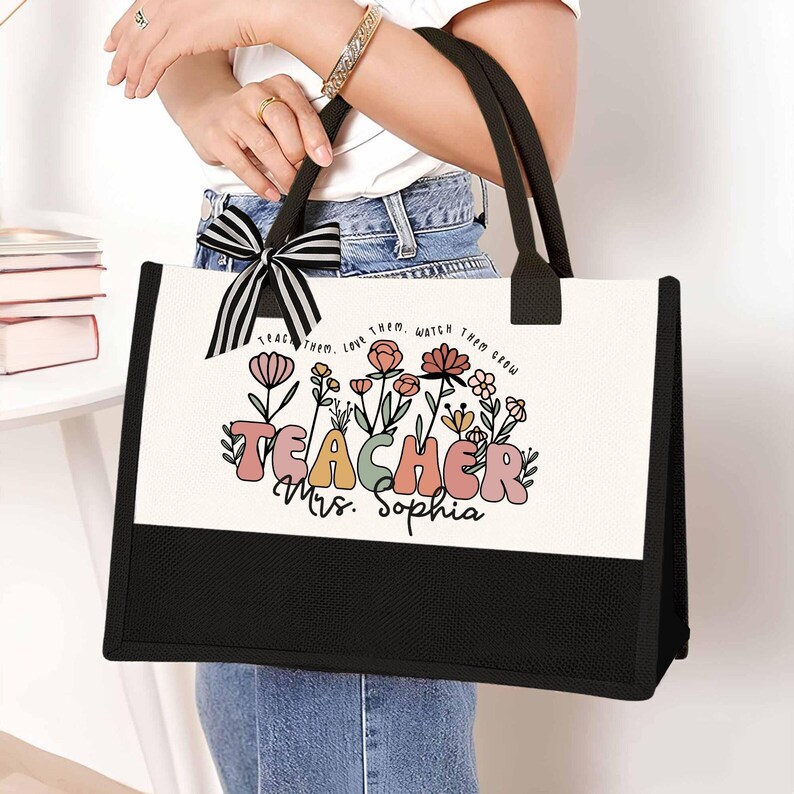 Personalized Name Teacher Tote Bags, Floral Christmas Gifts for Teacher ...