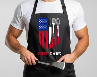 Custom American Flag with Kitchen Tools Apron for Dad, Personalized USA Apron for Husband, Customized 4th of July Apron for Grandpa