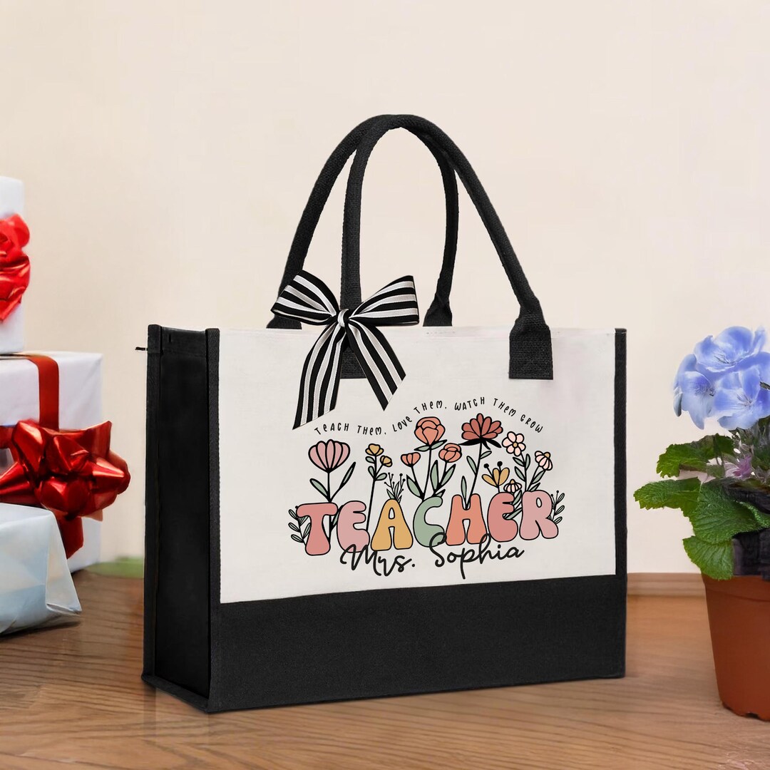 Personalized Floral Teacher Tote Bag, Custom Cotton Canvas Gift - Etsy