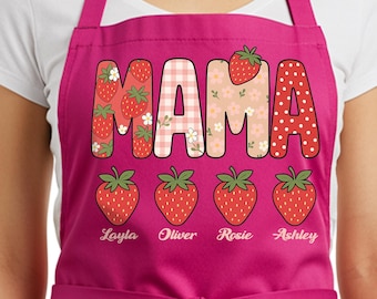 Custom Strawberry Mama Apron with Kids Names, Mothers Day Gift for Mom, Personalized Mom Apron, Matching Mom Kids Apron