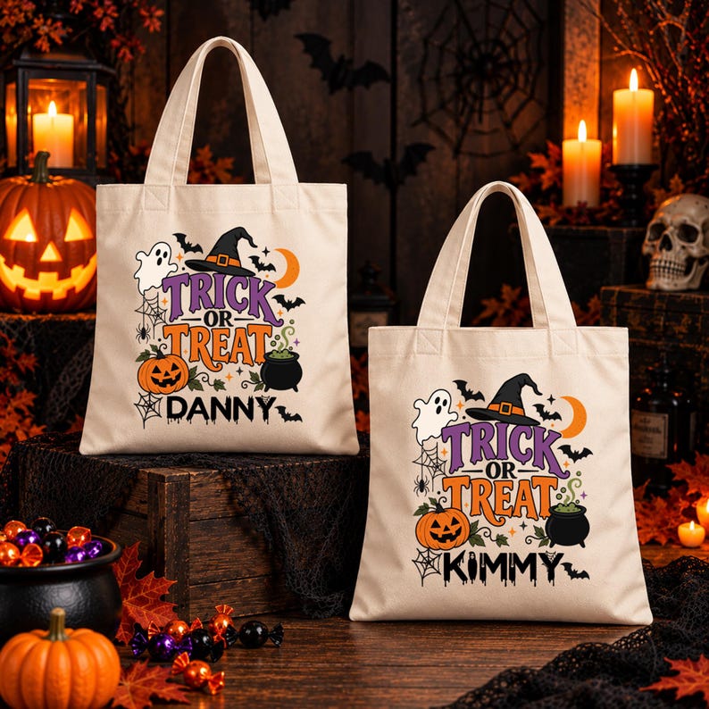 Personalized Halloween Trick or Treat Kids Candy Tote Bag, Customized ...
