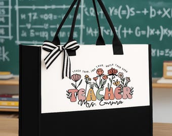Personalized Name Teacher Tote Bags, Floral Christmas Gifts for Teacher, Back to School Gift for Teacher, Teacher Appreciation Gift