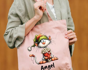 Personalized Whimsical Cat Tote Bag, Winter Christmas Gift