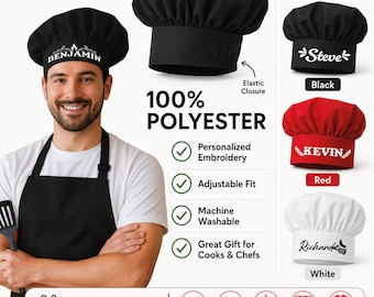 Custom Chef Hat with Name Printed, Personalized Chef Hat, Barbeque Chef Hat, Cook Hat Gift, Sous Chef Gift, Cooking Baking Kitchen Accessory