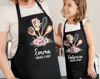 Head Chef Sous Chef Personalized Matching Aprons for Mom Daughter, Custom Family Kitchen Apron Dress, Mothers Day Gift for Her,