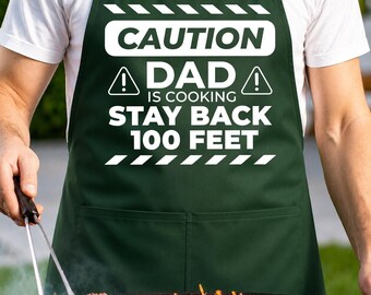 Caution Dad is Cooking Apron for Husband, Father's Day Gift for Dad, Grilling Apron for Grandpa, Funny Dad Apron, Kitchen Apron for Stepdad