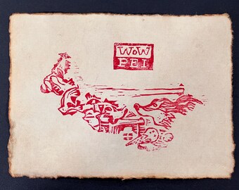 Hand Carved Relief Print – WOW PEI Island Map Linocut, Artist Made on Handmade Paper