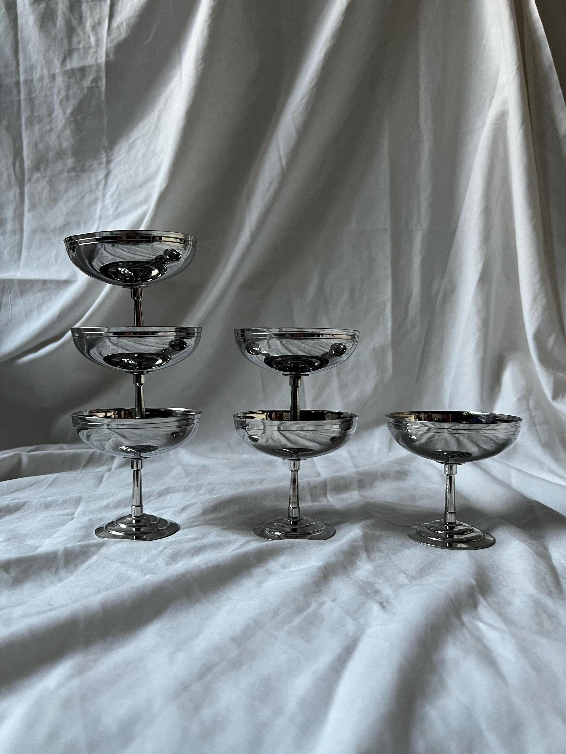 GLACE | service de 6 coupes à glaces ou à desserts sur pied décor filets en métal argenté inoxydable | vintage Made in France 1970 - France