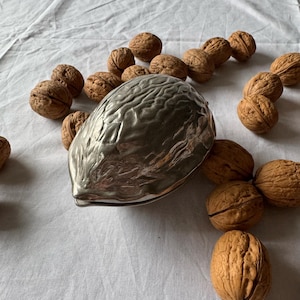 Puede incluir: Un cascanueces plateado con forma de nuez, rodeado de varias nueces marrones. El cascanueces tiene una superficie texturizada y las nueces tienen un exterior rugoso y estriado. Los artículos están dispuestos sobre una superficie blanca.