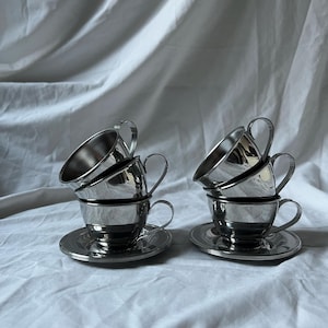 Vintage espresso cups Nanni Italy set of 6 | Italian inox coffee cups with saucers | 1970s stainless steel tableware | double-walled design