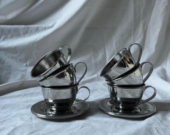 Juego de 6 tazas de espresso vintage Nanni Italia / Tazas de café italianas de acero inoxidable con platillos / Vajilla de acero inoxidable de los años 70 / Diseño de doble pared