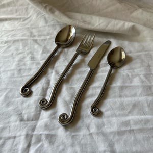 Vintage Cutlery Set with Spiral Handle | 4-Piece Stainless Steel Flatware | Mid-Century Modern Silverware | Retro Table Setting
