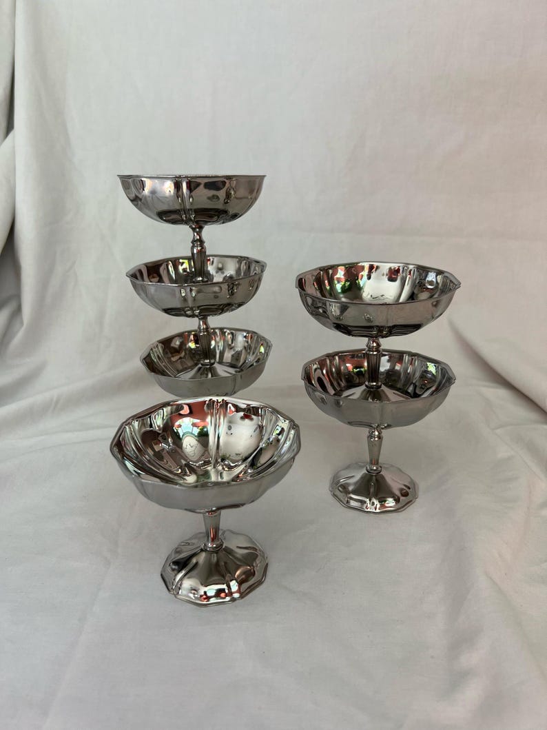 Vintage ice cream cups Jean Couzon set of 6 | French 18/10 inox tulip dessert cups | 1970s polished stainless steel coupe a glace