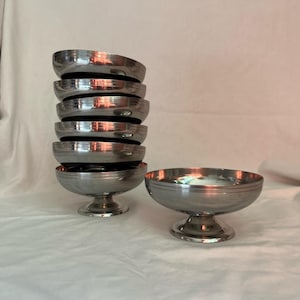 Vintage French stainless steel ice cream cups | set of 7 heavy bistro dessert bowls 1970s | mid century retro inox | Parisian aesthetic