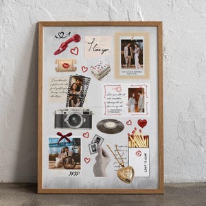 May include: A framed collage with a romantic theme. It features photos, a vintage camera, a record, a heart-shaped locket, and the words "I love you" and "xoxo." Red hearts and a lipstick kiss add to the theme.