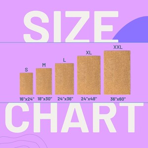 May include: Size chart for doormats in various sizes. The chart shows five doormats in different sizes, labeled S, M, L, XL, and XXL. The measurements for each size are listed below the doormats: 16"x24", 18"x30", 24"x36", 24"x48", and 36"x60".