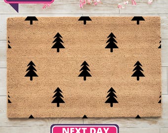 Natural Coir Doormat, Christmas Trees Welcome Mat, Eco-Friendly Porch Decor