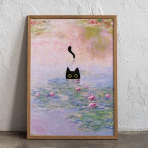 May include: A black cat with yellow eyes peeks out of a painting of water lilies. The painting is in a light pink, blue, and green color scheme.