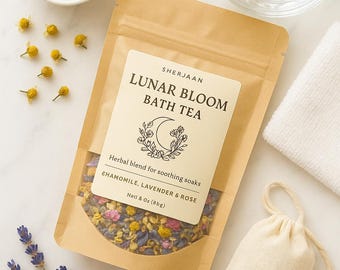 Tè da bagno di lusso Lunar Bloom – Lavanda, camomilla e rosa, bagno rilassante alle erbe / Rituale per il sonno / Regalo per un bagno calmante / 85 g + sacchetto in mussola riutilizzabile