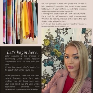 Op de afbeelding: Afbeelding toont een vrouw met blond haar in een roze jas, met tekst over kleuranalyse en stijl. Een rek met kleurrijke stoffen stalen is zichtbaar op de achtergrond, ter promotie van een gids om de juiste tinten te vinden.