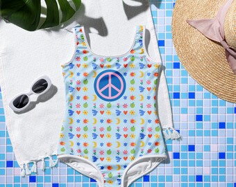 Size 8 and up Peace All-Over Print Youth Swimsuit