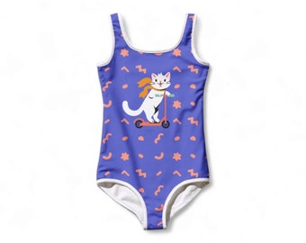 Swimwear for Kids - Cute cat on scooter- All-Over Print Swimsuit