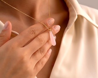 Real Rose Quartz Teardrop Necklace, Natural Pink Stone Jewelry, 14 K Gold Delicate Pale Pink Crystal Pendant, Silver Healing Crystal Jewelry