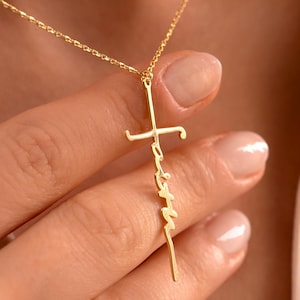 14K Gold Cross Name Necklace, Personalized Cross Necklace with Name, Silver Cross Charm Necklace, Gifts for Mother, Minimalist Necklace