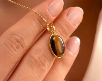 14K Gold Tiger Eye Focus Raw Stone Necklace, Silver Natural Tiger Eye Gemstone Jewelry, Healing Energy Genuine Stone Pendant, Gift for Mom