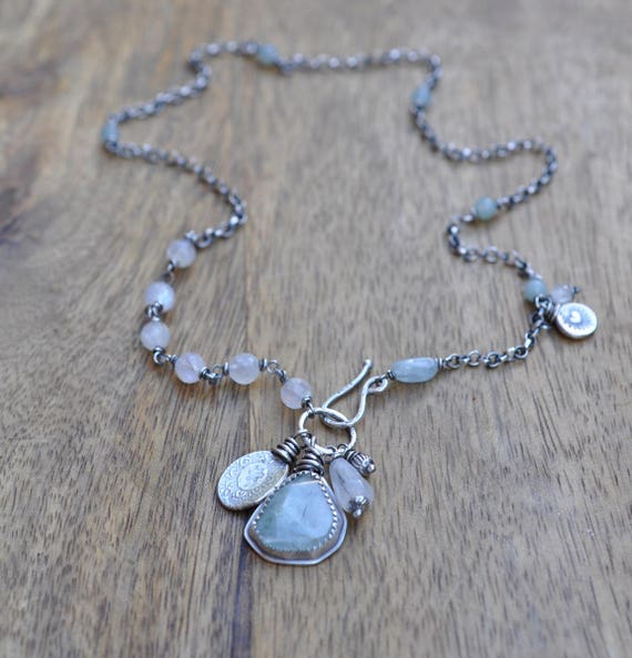 Sterling Silver Aquamarine Moonstone Necklace Oxidised | Etsy