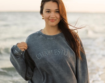 Charleston Embroidered Corded Crewneck | Coastal Sweatshirt | Vintage Washed Oversized Pullover | Charleston Souvenir