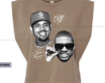 Camiseta cropped autografada da turnê R&B de Usher Raymond Chris Brown – Camiseta regata vintage para fãs