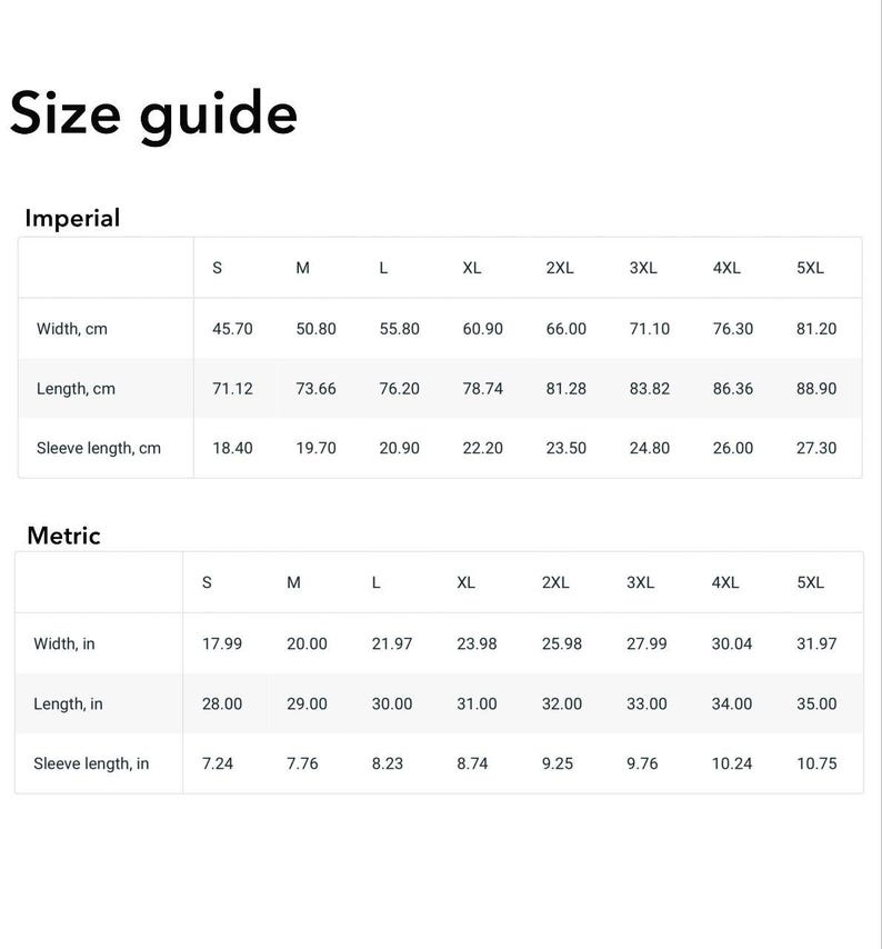 Puede incluir: Tabla de tallas para ropa con medidas en pulgadas y cent&iacute;metros. La tabla muestra las tallas de la S a la 5XL con las medidas de ancho, largo y manga correspondientes.