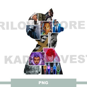 May include: A silhouette of a person's head and shoulders filled with various images of a celebrity. The images are in different styles and colours, including portraits and action shots. The word "PNG" is at the bottom.