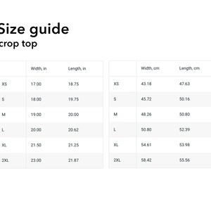 May include: Size guide for a crop top with measurements in inches and centimetres. The table shows the width and length of the top in inches and centimetres for sizes XS, S, M, L, XL, and 2XL.