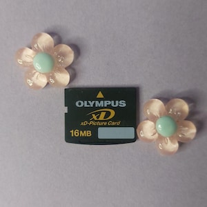 Puede incluir: Dos adornos en forma de flor, de color rosa claro y centro verde menta, junto a una tarjeta Olympus xD-Picture negra. La tarjeta tiene el texto "OLYMPUS xD xD-Picture Card 16MB".