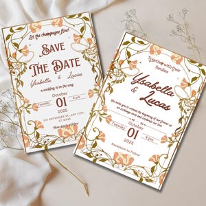 Könnte beinhalten: Zwei Save-the-Date-Karten mit floralem Design. Die Karten sind weiß mit goldenen und braunen Akzenten. Der Text auf den Karten lautet "Let the champagne flow! Save the Date Ysabella & Lucas a wedding is on the way Tuesday October 01 2025 4 pm 123 Anywhere St., Any City, ST 12345 More details to follow" und "Together with their families Ysabella & Lucas We invite you to witness the beginning of our forever as we exchange vows and celebrate our love. Tuesday October 01 2025 4 pm Reception to Follow".