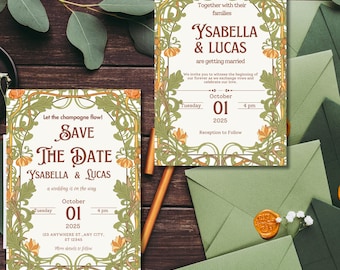 Art Nouveau Wedding Invitation Suite | Vintage Floral Canva Template | Editable Printable Wedding Set