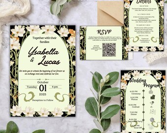 Art Nouveau Wedding Invitation Suite | Editable Canva Template | Vintage Floral Printable Set