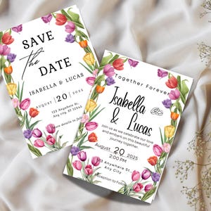 Set di inviti per matrimonio con tulipani floreali – Spring Garden Wedding Suite – Modello Canva modificabile – Salva la data, RSVP, dettagli e programma