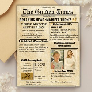 Może przedstawiać: Zaproszenie w stylu vintage gazety na 50. urodziny. Nagłówek brzmi "BREAKING NEWS: MARIETA TURNS 50!" ze zdjęciem solenizantki. Zaproszenie zawiera szczegóły dotyczące imprezy, w tym datę, godzinę i miejsce. Zawiera również sekcję o życiu solenizantki i sekcję z zabawnymi faktami o niej.
