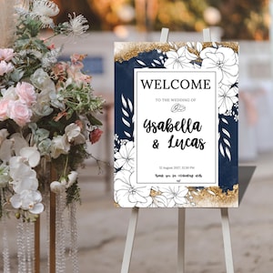 Elegant Wedding Welcome Sign - Navy & Gold Theme - Editable Canva Template - Instant Download