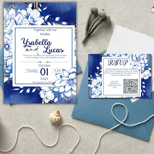 Suite de faire-part de mariage à faire soi-même - Modèles floraux élégants bleu roi et or, toile modifiable, téléchargement immédiat