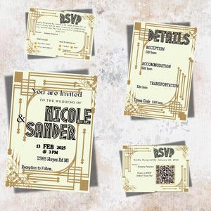 Invitaciones de boda Art Déco / Plantilla Canva editable Gatsby / Conjunto imprimible vintage