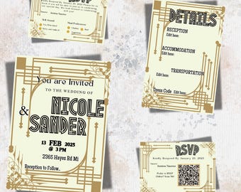 May include: A set of wedding invitation cards with an art deco design. The main invitation card reads "You are Invited to the Wedding of Nicole & Sander" with the date and time. RSVP and details cards are also included.