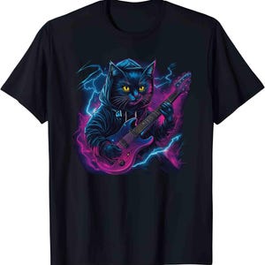 Rock Black Cat Playing Guitar T-Shirt | Funny Guitar Cat Tee | Music Lover Gift